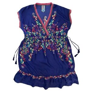 Johnny Was Dress 100% Silk L‎ Royal Blue Floral V Ruffle Hem Tassle Drawstring